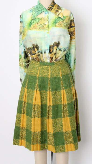 1960s Green Yellow Plaid Boucle Knit Pleated Skirt