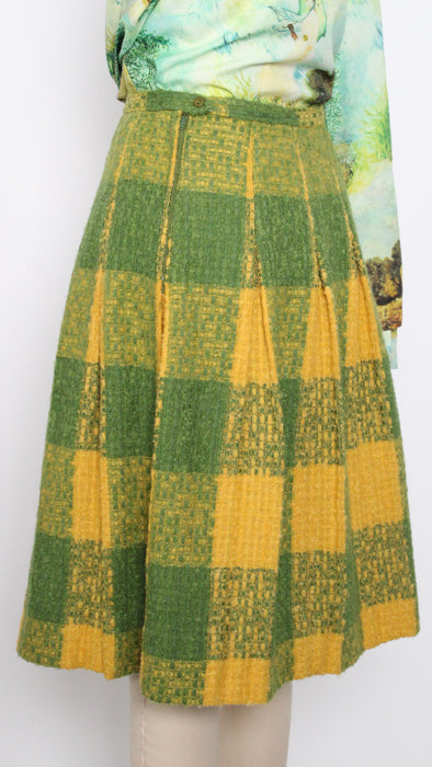 1960s Green Yellow Plaid Boucle Knit Pleated Skirt