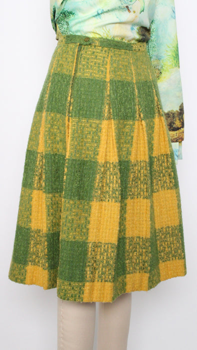 1960s Green Yellow Plaid Boucle Knit Pleated Skirt