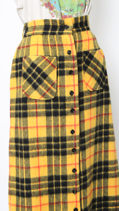 1970s Yellow Black Checked Felted Skirt