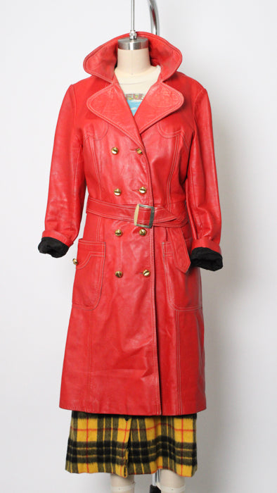 1970s Red Leather Belted Long Jacket