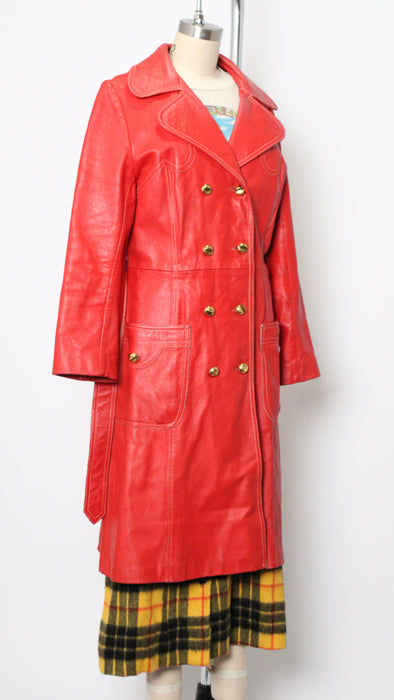 1970s Red Leather Belted Long Jacket