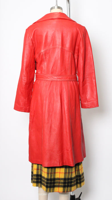 1970s Red Leather Belted Long Jacket