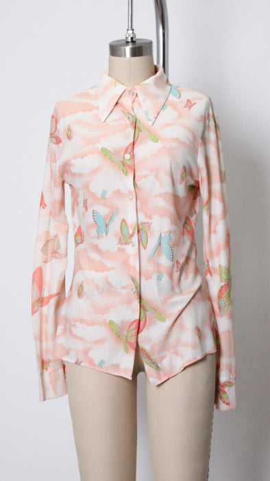 1970s Peach Nylon Butterfly Print Blouse