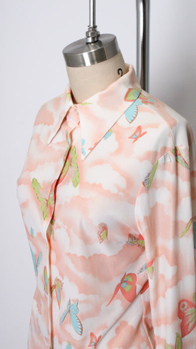 1970s Peach Nylon Butterfly Print Blouse