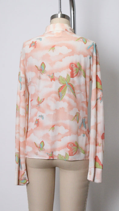 1970s Peach Nylon Butterfly Print Blouse