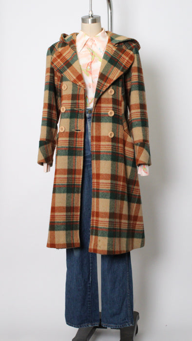 1970s Persimmon Hunter Green Check Brushed Wool Trench