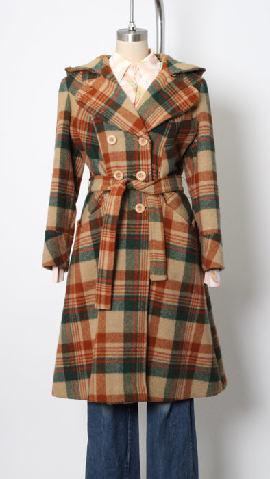 1970s Persimmon Hunter Green Check Brushed Wool Trench