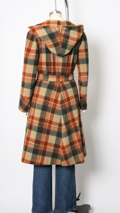 1970s Persimmon Hunter Green Check Brushed Wool Trench