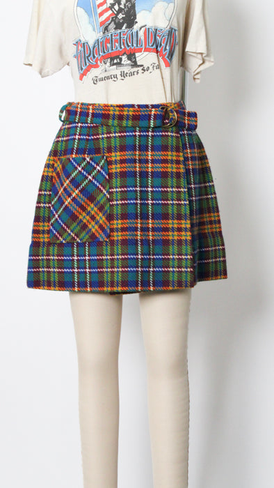 1960s Rainbow Plaid Acrylic D-Ring Belted Mini Skirt