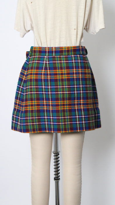 1960s Rainbow Plaid Acrylic D-Ring Belted Mini Skirt