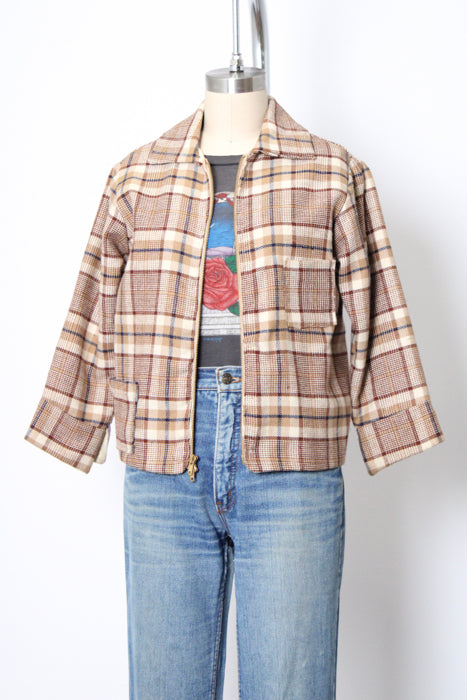 1950s Tan Brown Check Wool Handmade Kid Zip Jacket