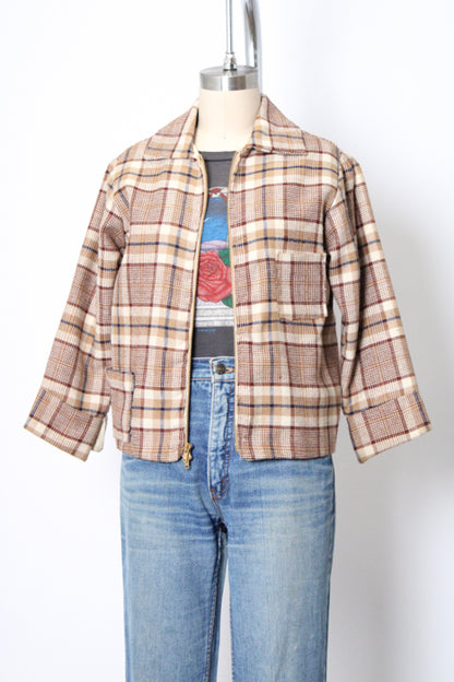 1950s Tan Brown Check Wool Handmade Kid Zip Jacket