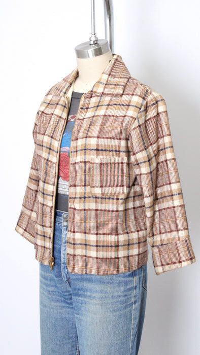 1950s Tan Brown Check Wool Handmade Kid Zip Jacket