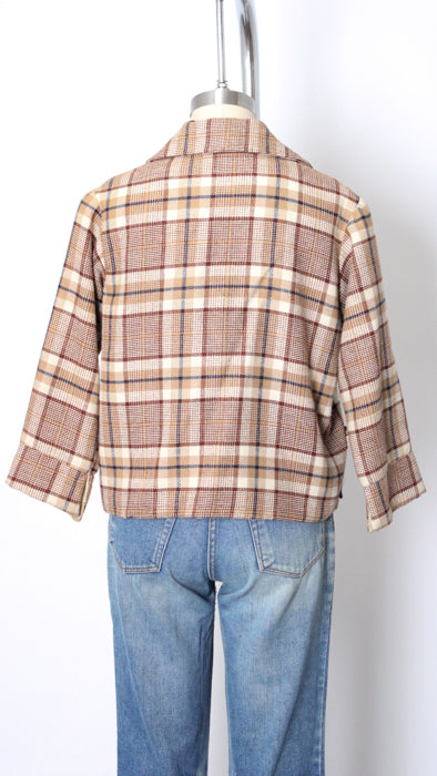 1950s Tan Brown Check Wool Handmade Kid Zip Jacket