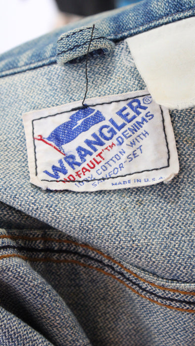 1970s Medium Wash Wrangler Moto Patches Trucker Jacket