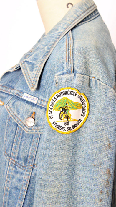 1970s Medium Wash Wrangler Moto Patches Trucker Jacket